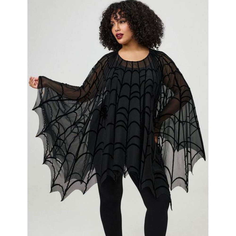 Torrid Black Sheer Mesh Flocked Velvet Spiderweb Poncho Goth Halloween Size 3/4